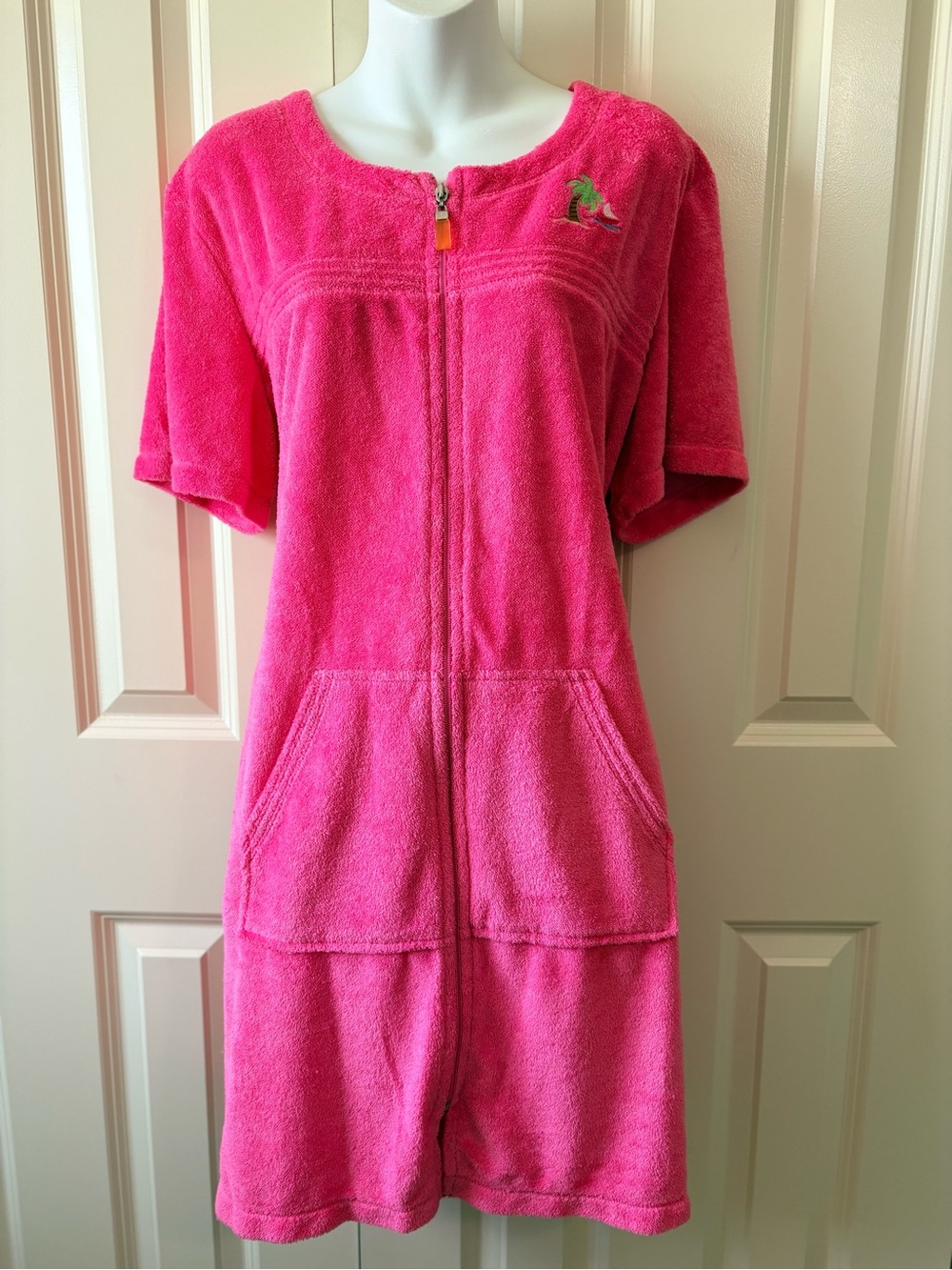 Hot Pink Terry Cloth Zipper Romper, size 1X